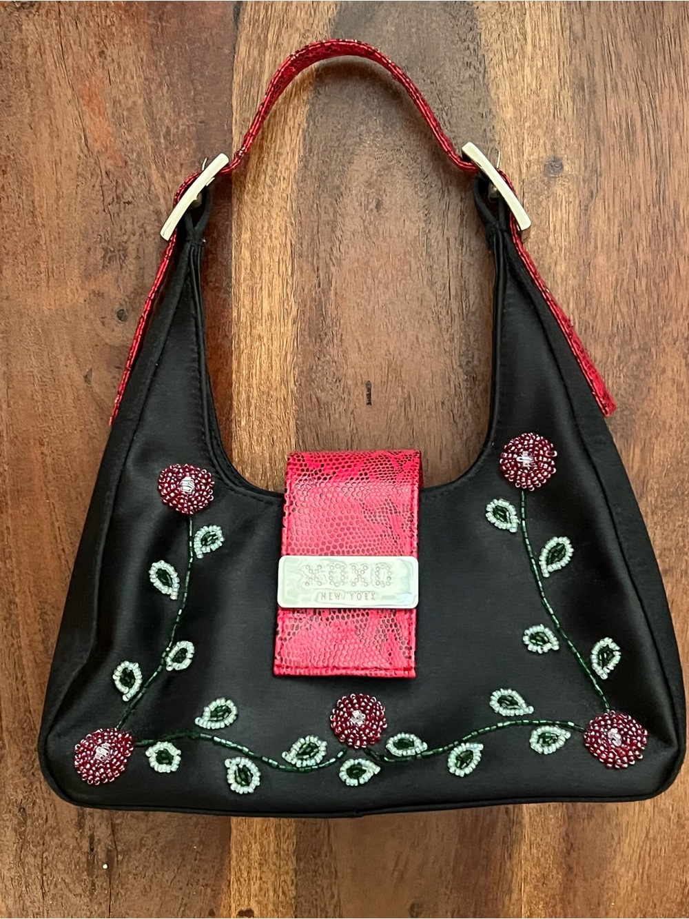 ХОХО shoulder bag pink snake-print snap flap, silver hardware and beaded flower